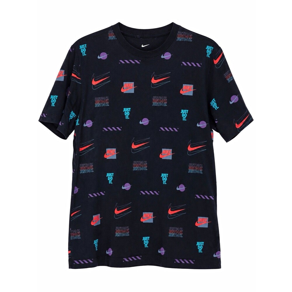 Nike Sportswear Men's Medium T-Shirt Black Allover Print Logo Swoosh Cotton EC